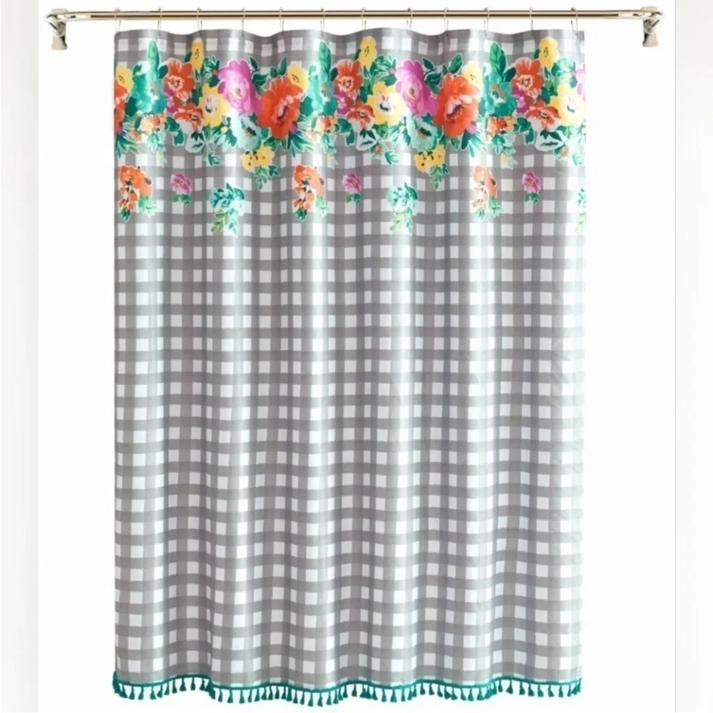 🌸 New Pioneer Woman Sweet Romance Gingham Floral Cotton-Rich Shower Curtain